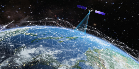 Wall Mural - the satellite transmits a signal to the earth against the background of the hud objects. 3d renderin