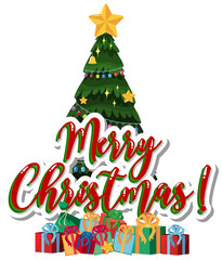 Poster - Font design template for merry christmas with tree and presents