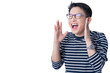 © whyframeshot - young attractive asian male hand gesture shout loud exited expression japanese man tell new promotion with wow experience positive emotion white background
