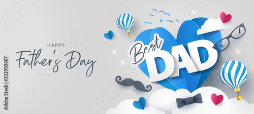 Cuadros en Lienzo Happy Father's Day greeting card, banner, poster or flyer design with flying origami hearts over clouds with air balloons, paper mustache, glasses and bow tie