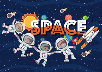 Wall Mural - Poster design with astronauts and spaceship in the space background