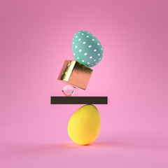 3d render of dyed easter eggs with minimalistic objects and pink background. contemporary style.