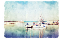 Abstract Watercolor Style Image Of Nautical Concept With Marina, Sea And Boats