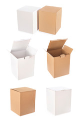 Wall Mural - Big set of white and brown cardboard empty box open and close isolated on white background. Delivery carton boxes set.