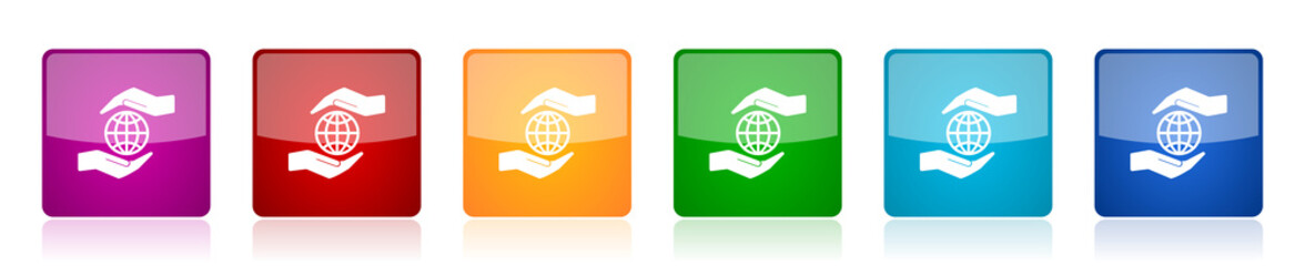 Leinwandbilder - Hand care planet environment icon set, colorful square glossy vector illustrations in 6 options for web design and mobile applications