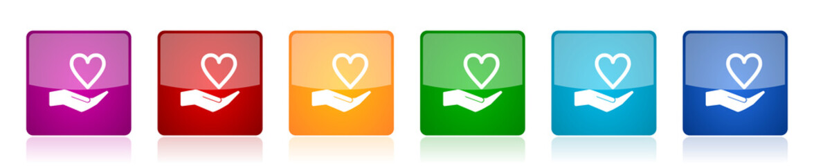 Aufkleber - Care love icon set, colorful square glossy vector illustrations in 6 options for web design and mobile applications