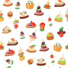 Canapes, tapas on piece of bread, appetizer dish with caviar, olives and green vegetables seamless pattern vector illustration. Buffet, restaurant canape finger food and snack background.