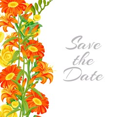 Wall Mural - Save the date card with summer orange flowers, bouquet floral cartoon background vector illustration. Floral card and flowers for party or wedding or birthday invitation save the date.
