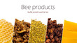 A variety of bee products. Honey, pollen, propolis, bee bread, wax. Apitherapy. Healthy products made by bees.