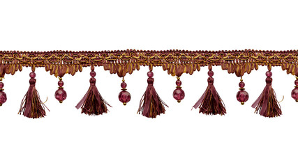 Wall Mural - Fringe. Interweaving of lilac and yellow ribbons and threads with tassels and beads. Isolated over white background.