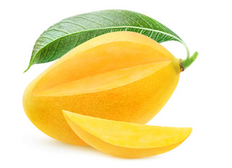 Leinwandbilder - Isolated yellow mango. One whole mango fruit with leaf with cut out piece isolated on white background