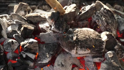 Wall Mural - slow motion speed close up scene of man use tree branch dig on burning charcoal pile make ash and fl