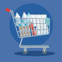 Wall Mural - cart shopping with set groceries icons vector illustration design