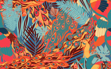 Seamless pattern with large blue-green peacock tails and leaves of tropical palm trees.