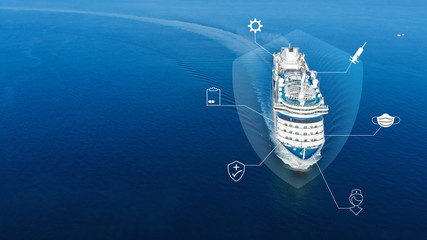 Wall Mural - Aerial view of beautiful white cruise ship above luxury cruise in the ocean sea with medical and insurance icons concept safety tourism without virus COVID-19 VIRUS.