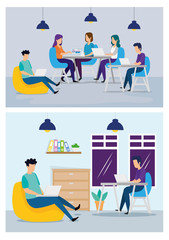 Wall Mural - scenes of coworking with people in workplace vector illustration design