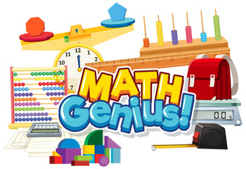 Font design for word math genius with many school items