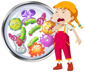 Sticker - Girl being sick and many virus cells in background