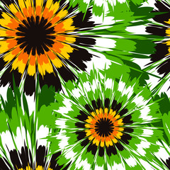 Wall Mural - Seamless vector pattern with tie dye style sunflowers. Floral wallpaper design with abstract flowers. Beautiful background with green and yellow paint.