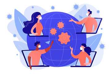 Wall Mural - Covid-2019 quarantine business response concept illustration. Online business, social distance, online conference, preventive measures concept. Bright vibrant violet vector isolated illustration