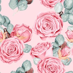 Canvas Print - Vintage vector seamless pattern with pink roses