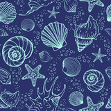 Fototapeta Łazienka - Seamless pattern with seashells, corals and starfishes. Marine background.  Perfect for greetings, invitations, manufacture wrapping paper, textile and web design.