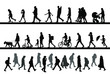 People walk along the road, ride a bike and scooter, rush to work. Children, men and women. Vector silhouettes set.