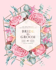 Wall Mural - Vector wedding invitation with vintage pink roses