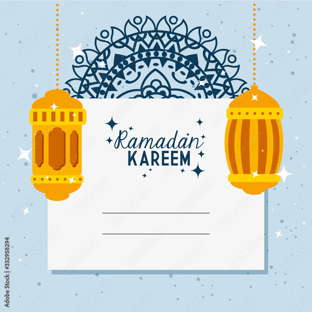 ramadan kareem card with lanterns hanging vector illustration design - obrazy, fototapety, plakaty 