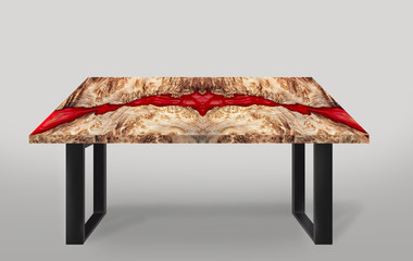 Wall Mural - Table modern style made of casting epoxy blue resin maple burl wood  legs made of steel on floor white background