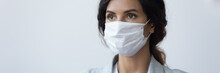 Banner Horizontal View Of Young Woman Wearing Medical Protective Mask From Coronavirus Pandemic Spread, Female Patient In Face Cover Think Of Covid-19 Virus Epidemic End, Healthcare, Corona Concept