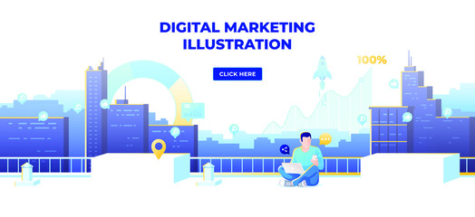 Wall Mural - Modern digital marketing vector illustration for web page. User rooftop cityscape. Technologies concept. Social network and media communication. SEO
