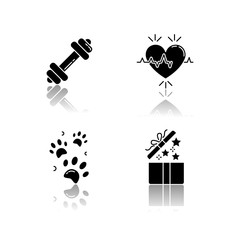 Canvas Print - Lifestyle drop shadow black glyph icons set. Gym workout. Dumbbell for exercise. Cardio healthcare. Birthday present for social media highlights. Isolated vector illustrations on white spaces