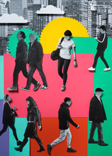 Group Of People Walking In The City, Collage And Cut Papers.