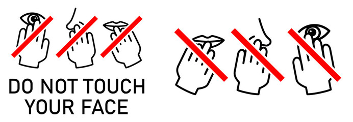 Set of do not touch your face icon. Simple black white drawing with hand touching mouth, nose, eye crossed by red line. Can be used during coronavirus covid-19 outbreak prevention