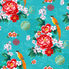 Beautiful Chinese Seamless Pattern With Peony And Cherry Blossom For Summer Dress,Chinese Charater Means Spring
