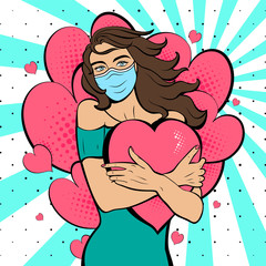 Wall Mural - Pop art woman in mask with hearts. Background in comic style retro pop art. Illustration for print advertising and web. Face close-up.