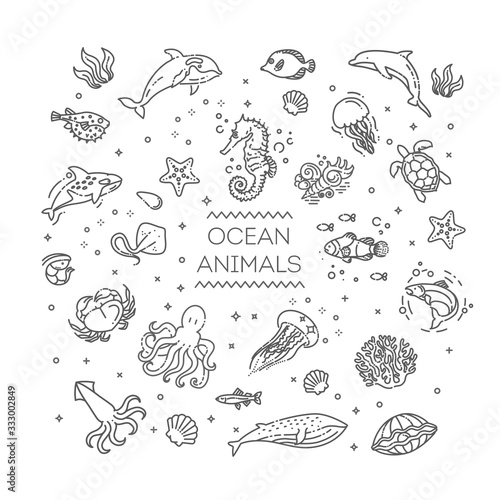 Photo Set of sea or ocean animals icons.Vector illustration