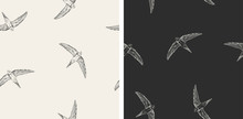 Set Of 2 Seamless Vector Pattern With Flying Swallows, Swifts. Doodle Dark Background With Birds
