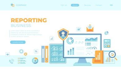 Business Data Reporting, Consulting, Analytics, Credit report, Accounting. Graphs and charts on the monitor screen, documents, folders. Can use for web banner, landing page, web template.