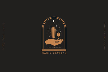 Poster - Logo template with magic crystals on black background. Magic stone quartz sparkles and hovers above the hand. Mystical retro symbols for spiritual practices of ethnic magic and astrological rites.