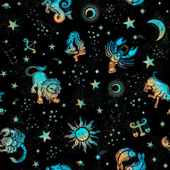 Wall Mural - Space Galaxy constellation seamless pattern print could be used for textile, zodiac star yoga mat, phone case