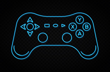 Neon game line icon on dark transparent background. Blue light arrow cursor sign. Retro 80s neon gaming style. Controller keys direction cross on and off buttons on gamepad. Bright vector illustration