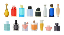 Flat Icon Set Of Parfume Bottles. Man And Women Fragrances In Various Shaped Bottles.