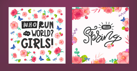 Wall Mural - Set of Spring backrounds with flowers and text.