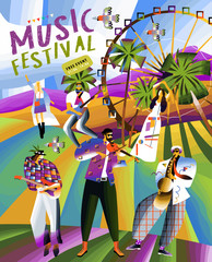 Wall Mural - Music festival! Vector cute illustration of live music festival. Musicians play musical instruments, people dance and have fun at summer party free event. Drawings for banner, card, poster or postcard