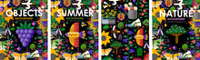 Summer Time! Set Posters Of Summer Blooming Flowers, Juicy Fruits, Abstract Birds, Butterfly, Garden And Nature On Black Background. Vector Illustration For Banner, Card, Poster Or Postcard