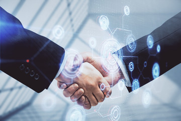 Fototapete - Double exposure of data theme hologram and handshake of two men. Partnership in IT industry concept.