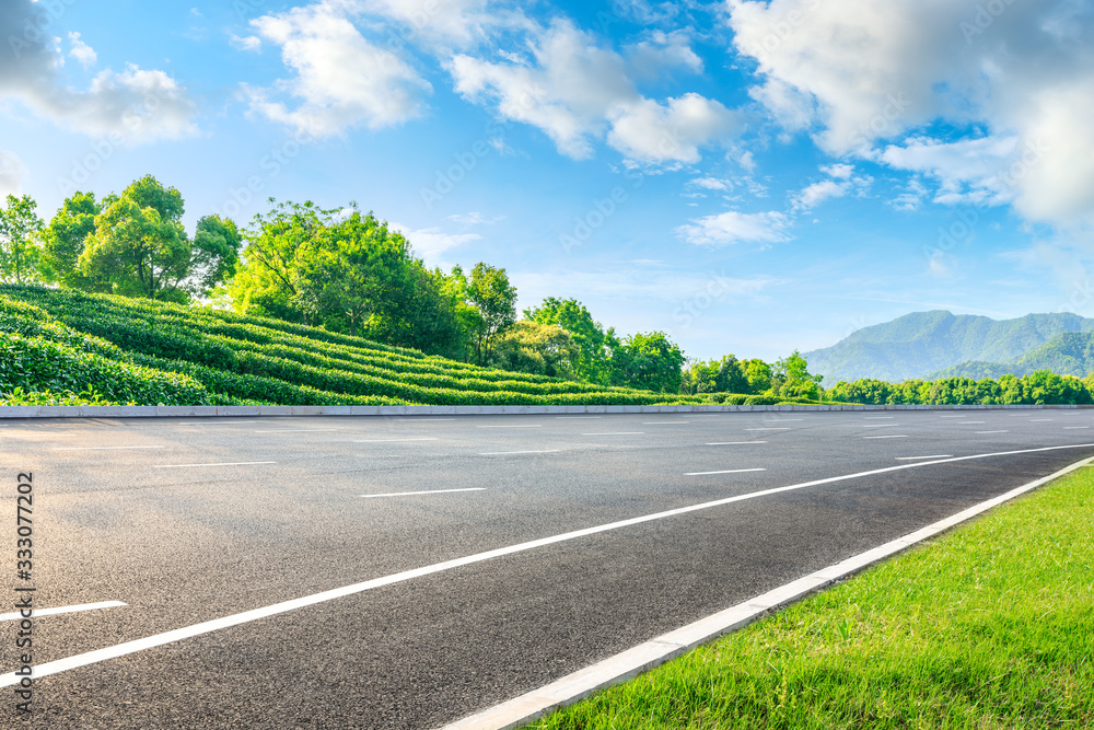 Asphalt road and green tea mountain nature landscape on sunny day,panoramic view. - obrazy, fototapety, plakaty 