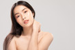 © 220 Selfmade studio - Beautiful Asian young woman touching neck smile with clean and fresh skin Happiness and cheerful with positive emotional,isolated on white background,Beauty and Cosmetics Concept